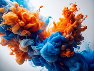 Poster - Surreal Blends of Blue and Orange Paint on White Background with Expansive Copy Space for Creative Projects and Visual Art Displays