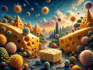 Poster - Surreal Cheese Virus Illustration: A Unique Blend of Dairy and Microbiology in a Dreamlike Setting, Capturing the Intriguing Intersection of Food and Infection in a Visually Striking Way