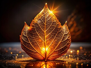 Poster - Surreal Glowing Amber Crystal Leaf on Dark Background, Evoking Mystical Vibes and Captivating Nature's Beauty in a Dreamlike Atmosphere for Enchanting Visuals