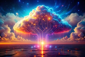 Poster - Surreal Glowing Digital Cloud with Data Circuits and Connections, Merging Technology and Imagination in a Vivid, Dreamlike Landscape of Light and Innovation