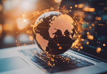 Wall Mural - A globe on top of an open laptop, with digital connections around it representing global connectivity and technology.