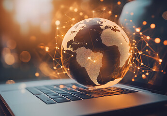 Wall Mural - A globe on top of an open laptop, with digital connections around it representing global connectivity and technology.