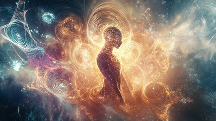 Poster - an alien being composed of shifting geometric shapes and glowing energy, surrounded by a field of swirling quantum waves
