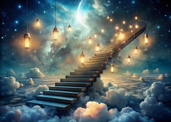 Poster - Surreal Isolated Staircase on Transparent Background with Ethereal Elements for Creative Designs and Artistic Projects, Symbolizing Ascension and Paths to Imagination