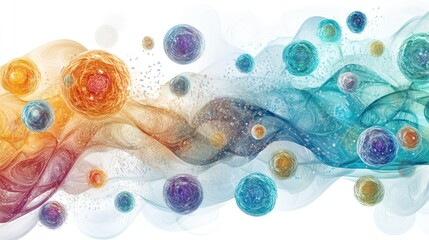 Poster - cellular regeneration with quantum science elements, illustrating the healing process at the micro level. The image features a seamless blend of colorful cells