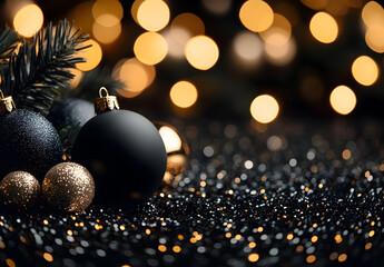 Poster - A background of black and gold Christmas decorations with glitter.