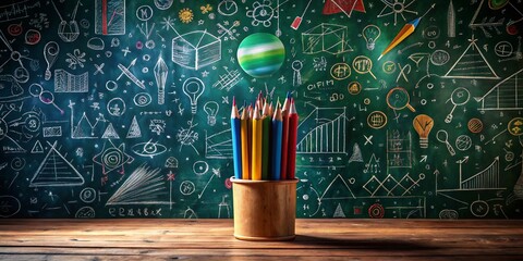Poster - Surreal Pencil on Blackboard: A Dreamlike Scene of Floating Objects and Whimsical Elements in a Classroom Setting, Blending Reality and Imagination in a Captivating Composition