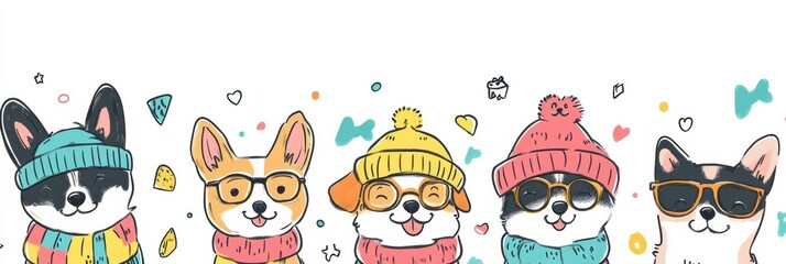 Poster - Colorful doodles depict five dogs dressed in warm hats and scarves, smiling and socializing in a joyful winter atmosphere. Generative AI