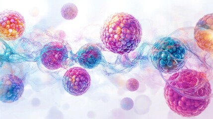 Poster - cellular regeneration with quantum science elements, illustrating the healing process at the micro level. The image features a seamless blend of colorful cells