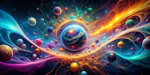 Poster - Surreal Quantum Mechanics: A Vivid Exploration of Subatomic Particles Amidst Explosive Colors and Complex Patterns in a Turbulent Wave Background