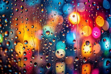 Poster - Surreal Rain Effect on Colored Background with Abstract Patterns and Light Reflections Creating an Enchanting Atmosphere for Artistic Photography