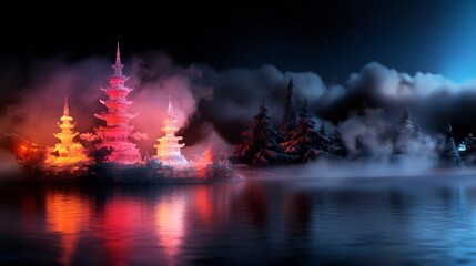 Wall Mural - Illuminated pagodas reflected in a misty lake at night.