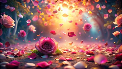 Poster - Surreal Rose Petal Background: A Dreamy, Ethereal Scene Filled with Floating Petals, Vivid Colors, and Mystical Light, Perfect for Artistic and Creative Projects