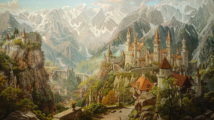 Wall Mural - an enchanting glass painting capturing the magical charm of a fairy-tale castle nestled among toweri