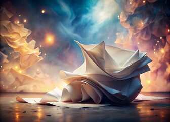 Poster - Surreal Scene of a White Page Curling on a Crumpled Empty Sheet of Paper in an Abstract Environment, Evoking a Dreamlike Atmosphere and Playful Illusions