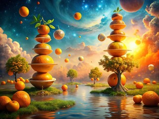 Poster - Surreal Stack of Oranges in a Dreamlike Landscape with Floating Elements and Whimsical Colors, Capturing the Essence of Imagination and Nature’s Bounty in a Unique Composition
