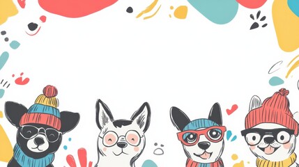 Poster - Four adorable dog characters are dressed in colorful hats and glasses, surrounded by playful doodles and bright shapes in a joyful design. Generative AI
