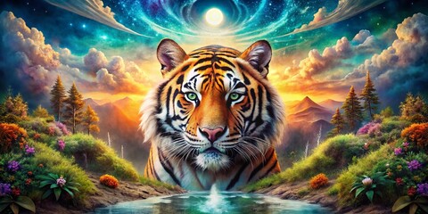 Poster - Surreal Tiger Head Graphic Mascot Art in Dreamlike Landscape with Vibrant Colors and Intricate Patterns for Eye-Catching Visual Appeal and Unique Branding Opportunities