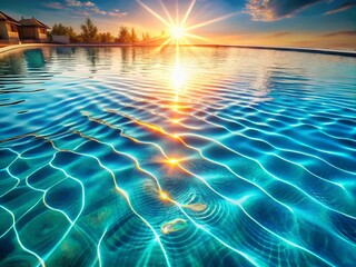 Poster - Surreal Top View of Rippled Water in a Swimming Pool with Dazzling Sun Reflections, Capturing the Tranquil Beauty of Summer Days in a Unique 3D Illustration Style