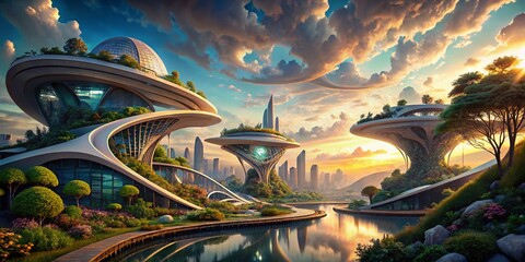 Poster - Surreal Vision of Futuristic Building Construction Featuring Gravity-Defying Structures, Organic Forms, and Vibrant Landscapes Blending Nature with Advanced Technology in a Dreamlike Atmosphere
