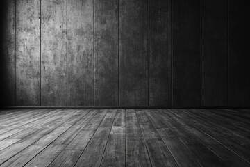 Poster - Abstract empty room dark wooden floor textured black wall, ideal creating moody backgrounds themes.