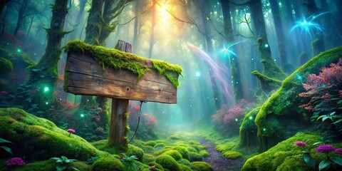 Poster - Surreal Wooden Sign Board in an Enchanted Forest with Dreamlike Colors, Mystical Elements, and Ethereal Lighting for a Captivating Visual Experience