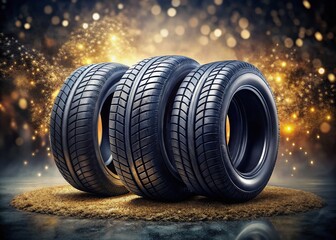 Poster - Surrealistic Display of Four Brand New Black Wheel Tires Showcasing Pristine Rubber and Intricate Tread Patterns in an Artistic and Dreamlike Setting
