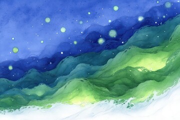 Poster - A serene watercolor landscape vibrant waves green blue, evoking tranquility harmony nature.