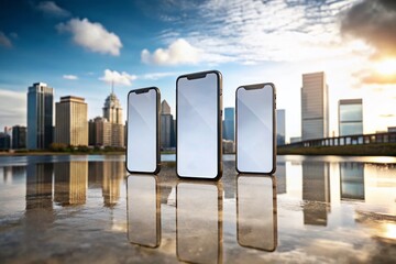 Poster - Three Blank Mobile Mockups with Reflection on Urban Concrete Surface, Ideal for Showcasing App Designs and Marketing Concepts in Modern Digital Environments