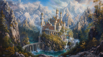 Wall Mural - an enchanting glass painting capturing the magical charm of a fairy-tale castle nestled among toweri