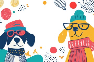 Poster - Two cheerful dogs are depicted wearing winter hats and scarves in a vibrant doodle style, surrounded by playful patterns and colors. Generative AI