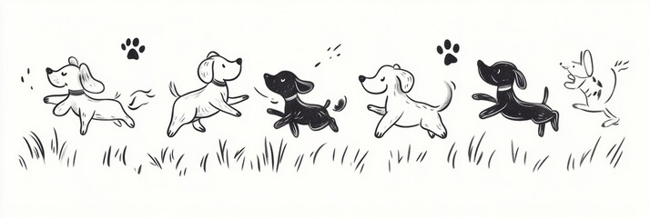 Aufkleber - Charming doodles depict dogs of various breeds joyfully running and playing in a grassy area, capturing their playful nature. Generative AI