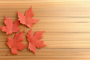 Wall Mural - Vibrant red maple leaves arranged rustic wooden surface, capturing essence autumn's beauty warmth.