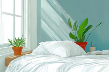 Wall Mural - A serene bedroom scene cozy bed, light bedding, lush green plants, perfect interior decor inspiration.