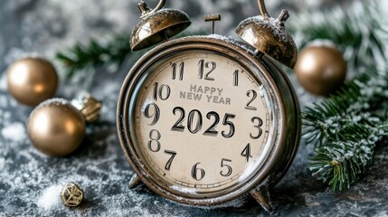 Wall Mural - Celebrate New Year vintage clock, showcasing year 2025 amidst festive decorations snowy backdrop.