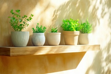 Wall Mural - Vibrant indoor plants decorative pots arranged wooden shelf soft natural light highlighting beauty.