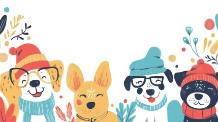 Poster - Whimsical dogs with various expressions and accessories brighten up the scene with vivid colors and charming details, creating a fun atmosphere. Generative AI