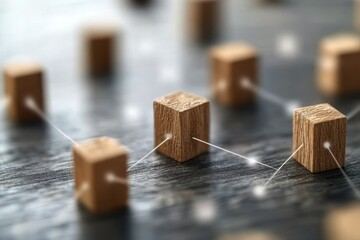 Poster - Abstract wooden cubes connected lines, symbolizing networking communication environment.