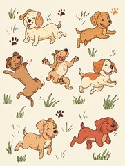 Poster - Charming doodle depictions showcase a variety of dogs happily running and playing in a green park under warm sunlight. Generative AI