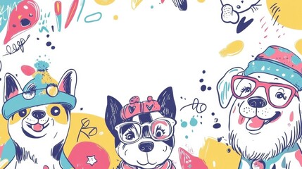 Aufkleber - Three whimsical dogs are illustrated with playful accessories, showcasing their happy expressions surrounded by vibrant doodle patterns. Generative AI