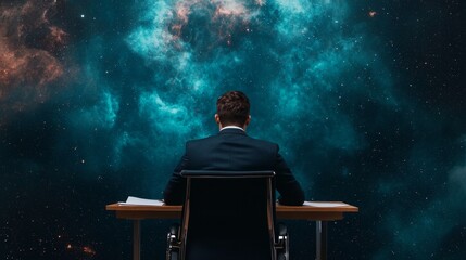 Wall Mural - Burnout at the desk conceptual, A person in a suit sits at a desk, gazing into a cosmic space filled with stars and colorful nebulae, evoking thoughts of the universe and exploration.