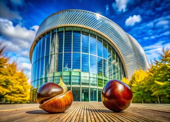 Poster - Two Conkers in Architectural Style: One in Its Shell and One Set Free, Captured in a Unique Perspective Amidst Natural Elements and Textured Surfaces