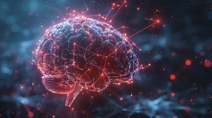 Poster - A digital rendering of a human brain made up of glowing red and blue lines and dots.