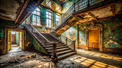 Poster - Urban Exploration of a Unique Blockstufentreppe in an Abandoned Building, Showcasing the Intricate Design and Urban Decay in a Gritty Atmospheric Setting