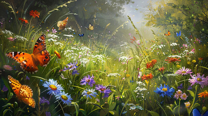 Wall Mural - an enchanting landscape painting of a sunlit meadow filled with vibrant wildflowers, with butterflie