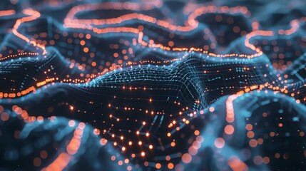 Poster - A close-up of a glowing, abstract digital network with orange and blue lights.