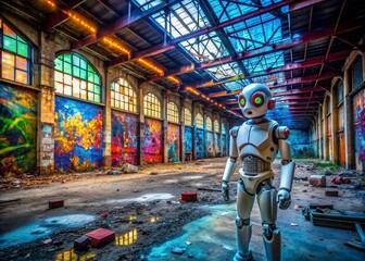Poster - Urban Exploration Photography Featuring a Humanoid Chat Robot Amidst Abandoned Buildings, Graffiti, and Urban Decay for a Futuristic Look at Technology in Deteriorating Environments
