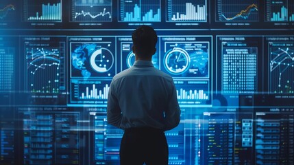 Poster - A man stands in front of a wall of computer monitors displaying data and graphs.