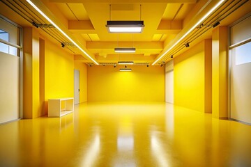 Poster - Urban Exploration Photography in a Bright Yellow Studio Room with Gradient Background and Display Stand for Showcase Items, Emphasizing Minimalism and Space Utilization