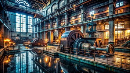 Poster - Urban Exploration Photography of a Water Turbine Unit in a Power Plant with Exposed Machinery and Industrial Aesthetics Captured in Rich Detail and Dramatic Lighting